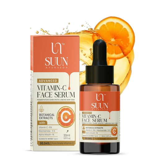 Fade dark spots naturally! Discover how Suun Ayurveda’s Advanced Vitamin C Serum 15% blends Ayurvedic botanicals and advanced Vitamin C derivatives to brighten, even tone, and restore your glow—gently and effectively.